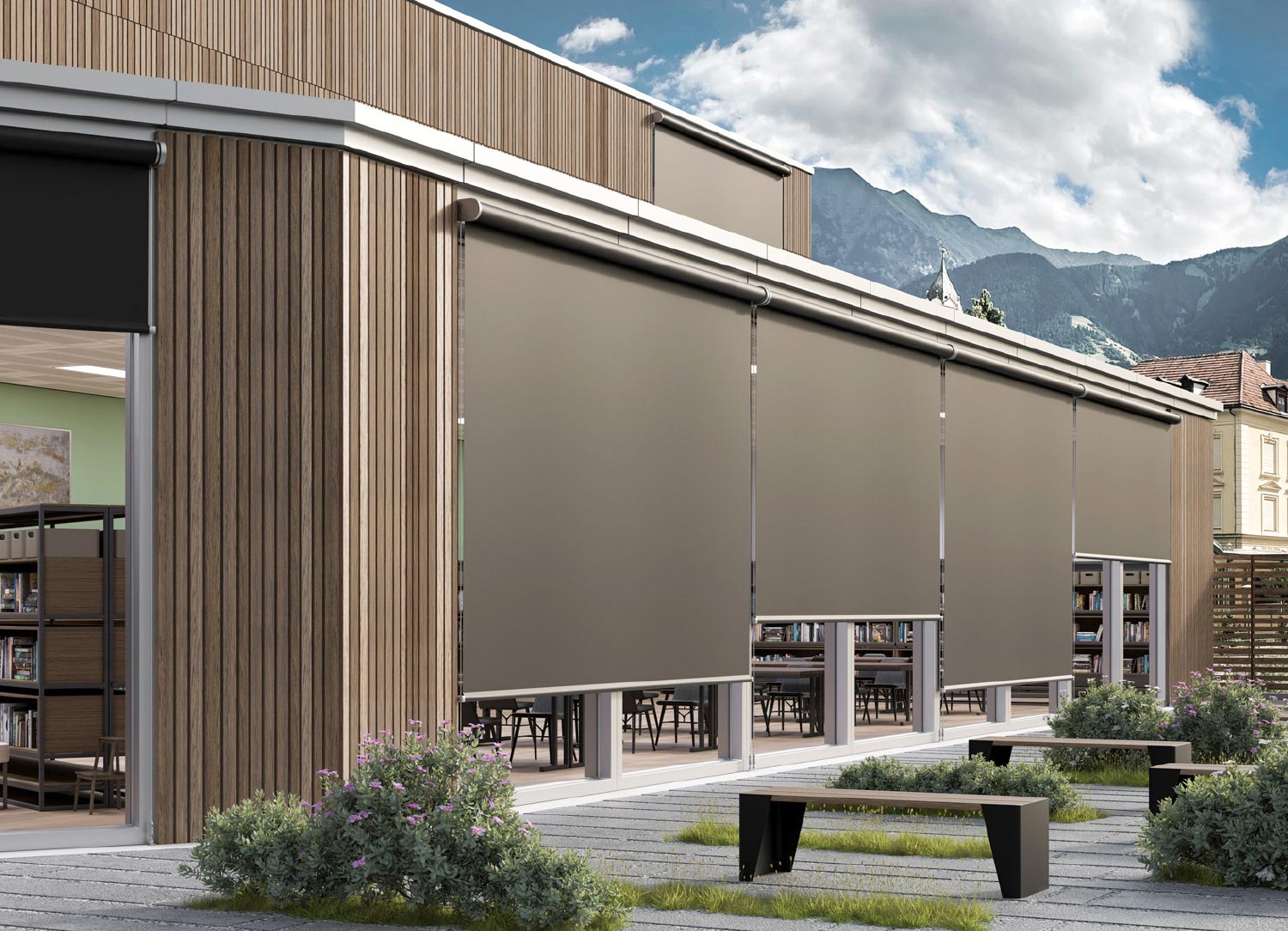 Stores extérieurs verticaux screen sur façade en bois d'un bâtiment tertiaire