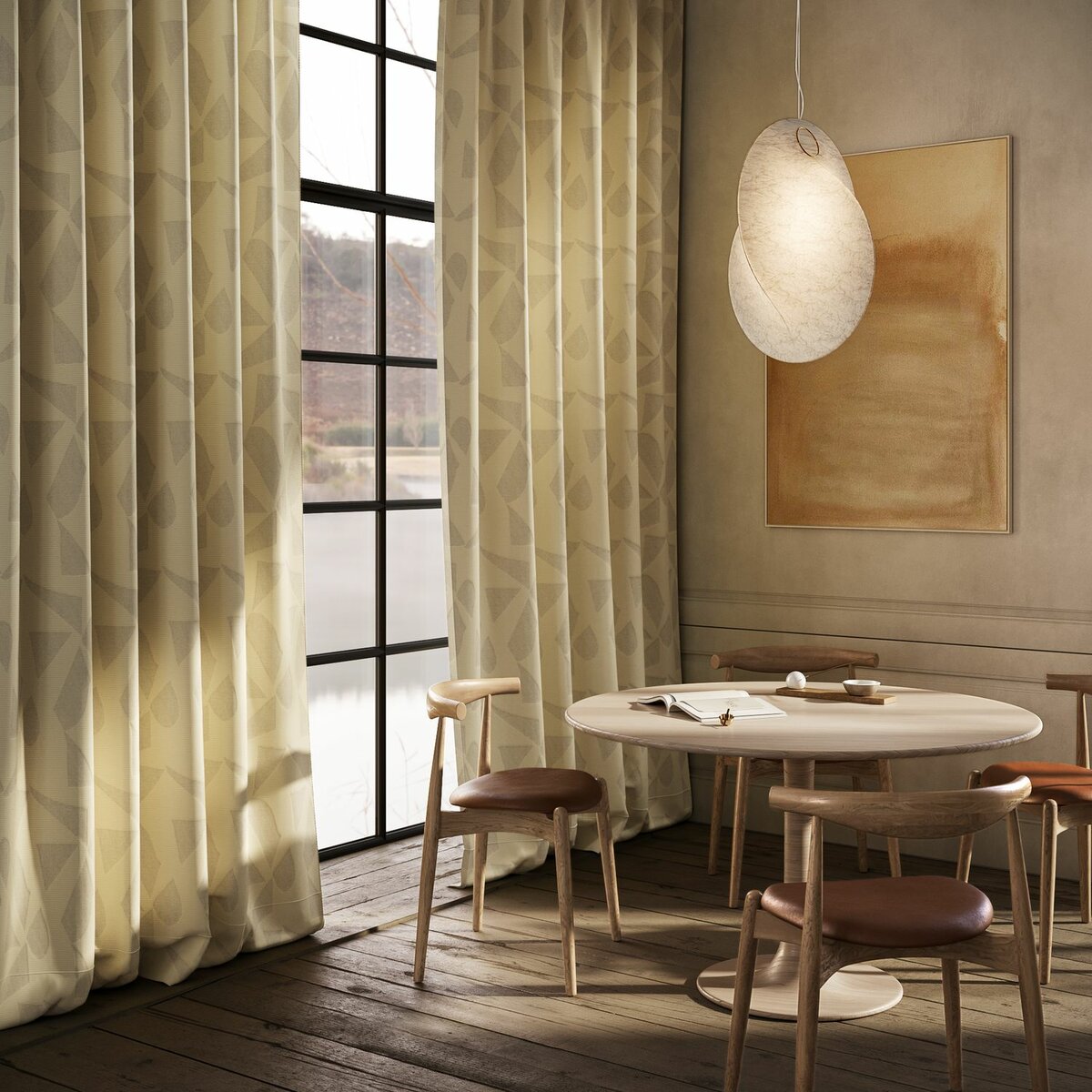 Rideaux à motifs géométriques doux devant une verrière dans une salle à manger épurée