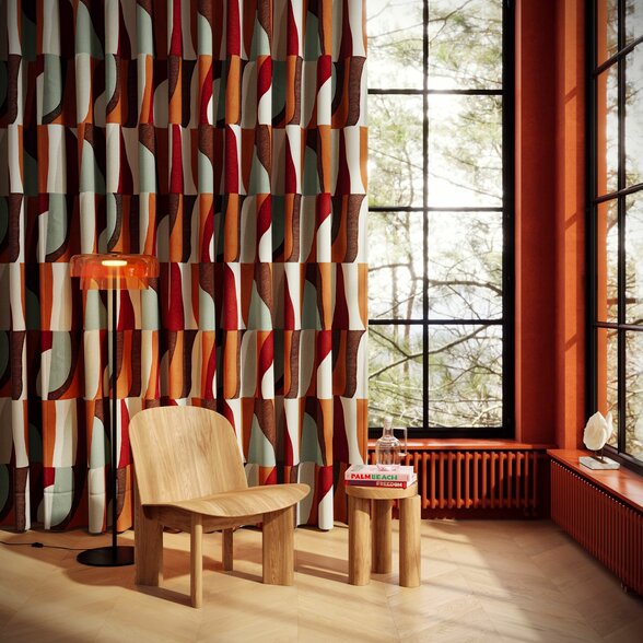 Rideaux à motifs graphiques multicolores dans un intérieur design